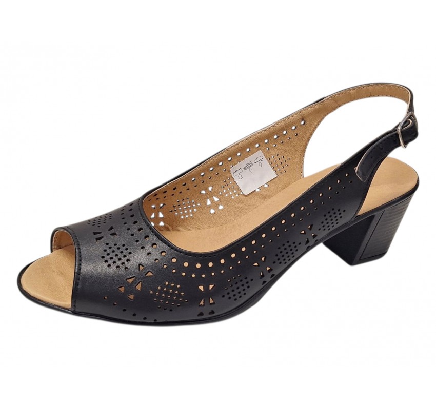 Sandale dama negre perforate din piele naturala cu toc gros si bareta la spate CLP07N