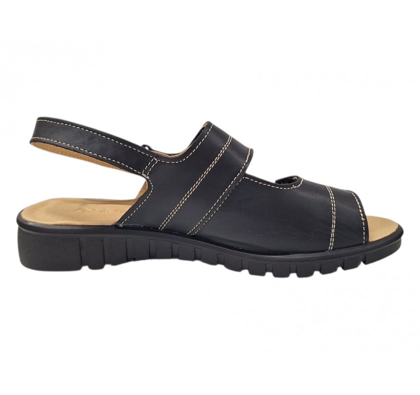 Sandale dama negre din piele naturala cu talpa joasa confort si inchidere velcro CLP09N