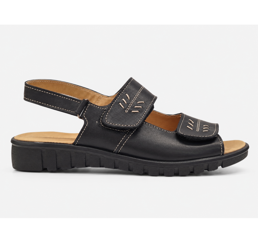 Sandale dama negre din piele naturala cu talpa joasa confort si inchidere velcro CLP09N