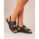 Sandale dama negre din piele naturala cu talpa joasa confort si inchidere velcro CLP09N