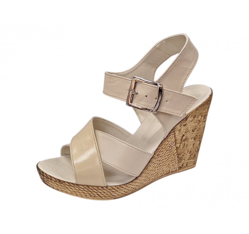 Sandale dama bej din piele naturala cu platforma wedge si catarama CLP14BEJ