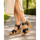 Sandale dama negre din piele naturala cu platforma wedge si catarama CLP14N