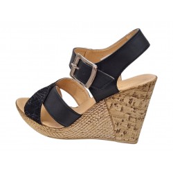Sandale dama negre din piele naturala cu platforma wedge si catarama CLP14N