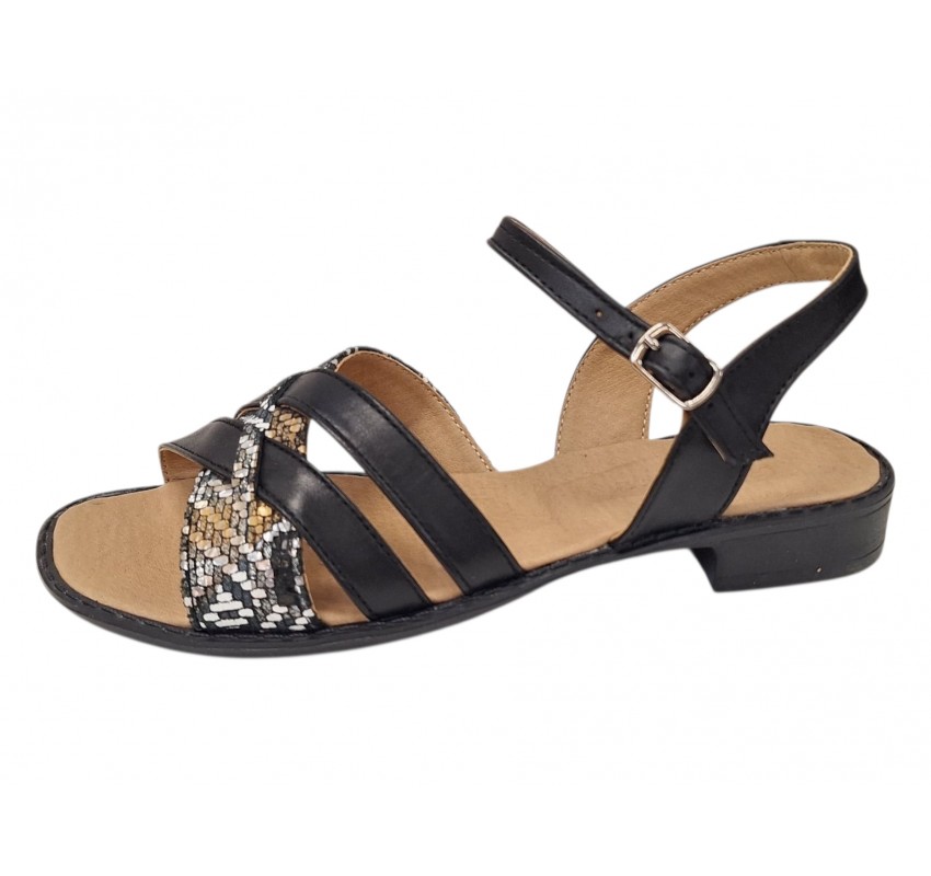 Sandale dama negre din piele naturala cu barete multiple si insertie print sarpe CLP15N