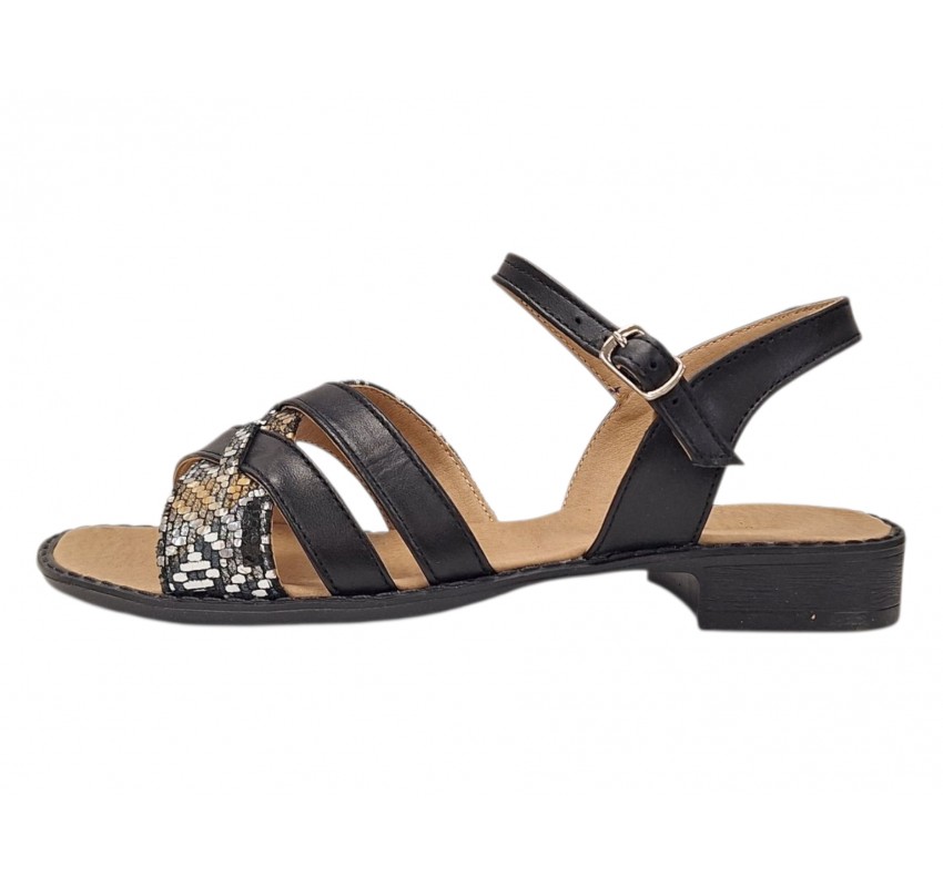 Sandale dama negre din piele naturala cu barete multiple si insertie print sarpe CLP15N