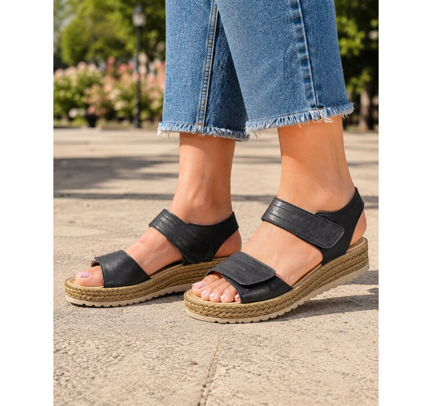Sandale dama negre din piele naturala cu talpa confort si inchidere velcro dubla CP12N