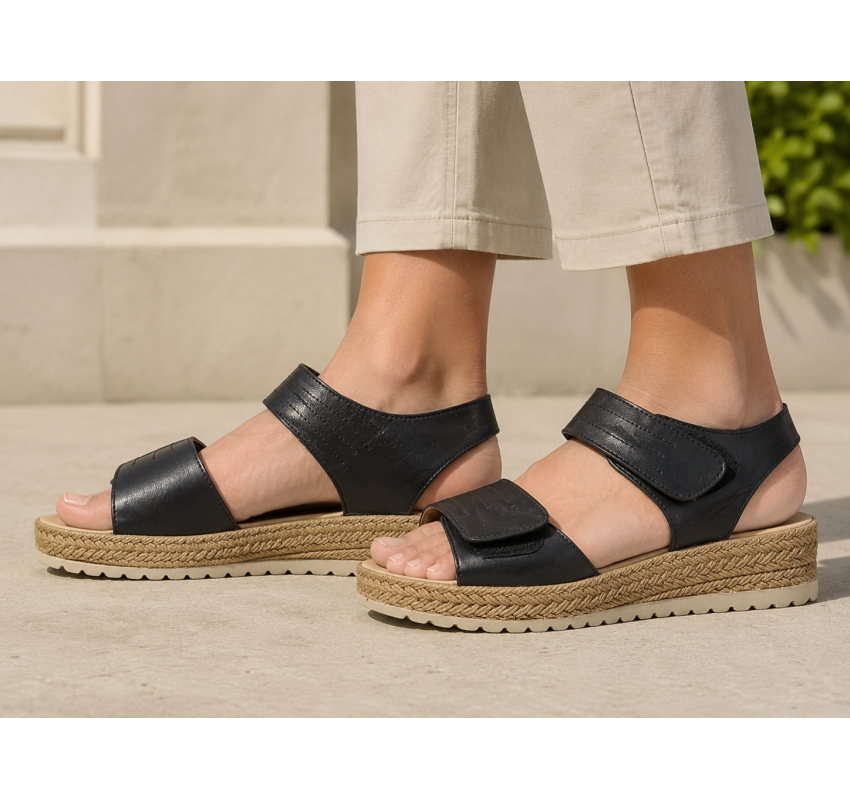 Sandale dama negre din piele naturala cu talpa confort si inchidere velcro dubla CP12N