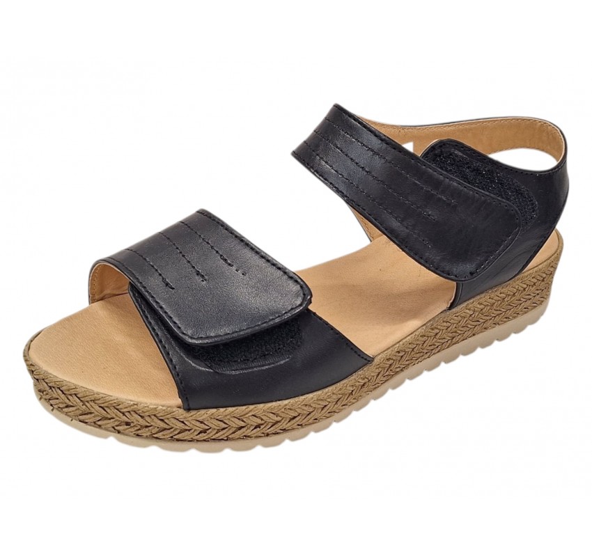 Sandale dama negre din piele naturala cu talpa confort si inchidere velcro dubla CP12N