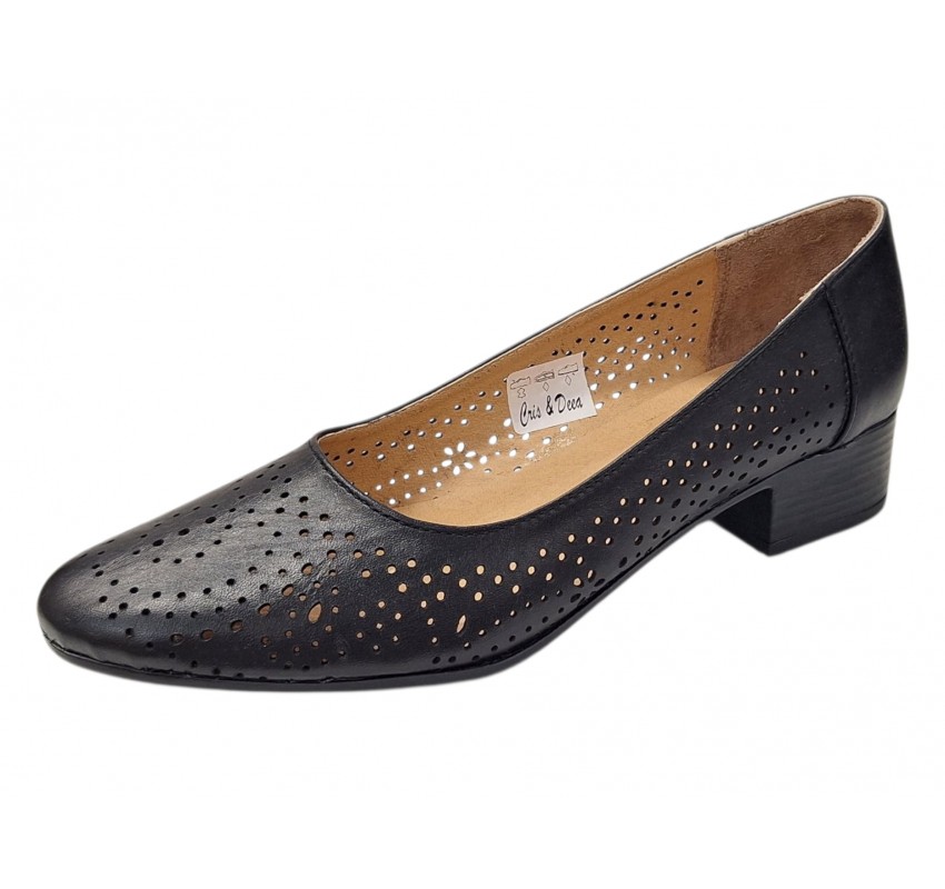 Pantofi dama negri perforati din piele naturala cu toc mic Loriana CP230NLI