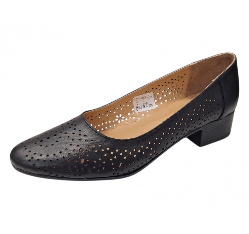Pantofi dama negri perforati din piele naturala cu toc mic Loriana CP230NLI