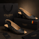 Sandale damă negre din piele naturală perforată cu toc gros și vârf decupat – CP431N