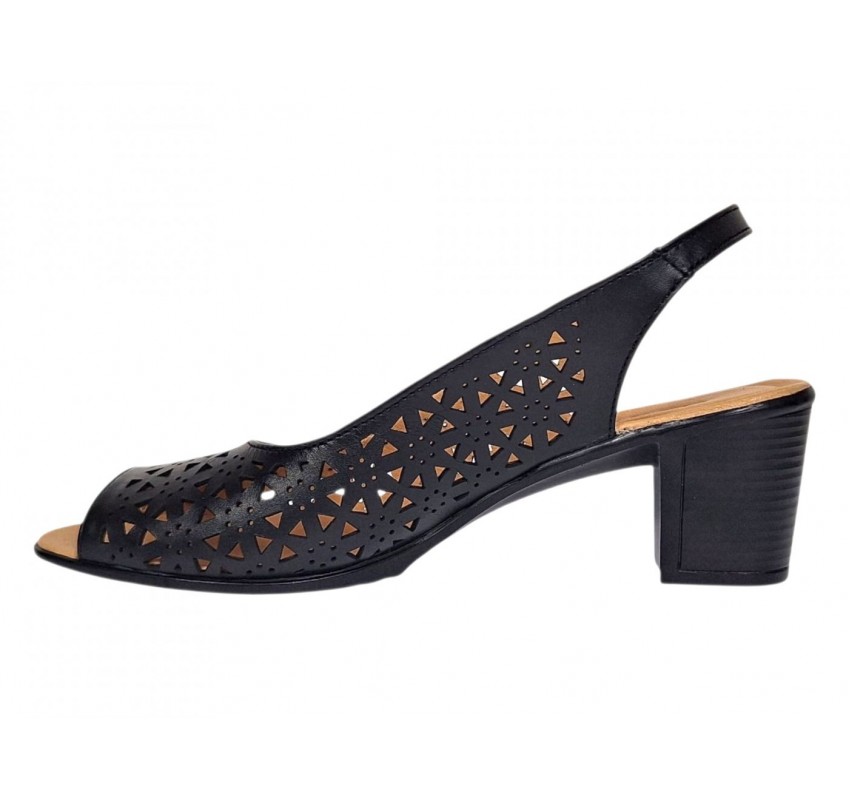 Sandale damă negre din piele naturală perforată cu toc gros și vârf decupat – CP431N