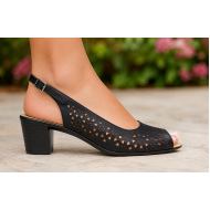 Sandale damă negre din piele naturală perforată cu toc gros și vârf decupat – CP431N