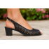 Sandale damă negre din piele naturală perforată cu toc gros și vârf decupat – CP431N