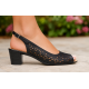 Sandale damă negre din piele naturală perforată cu toc gros și vârf decupat – CP431N