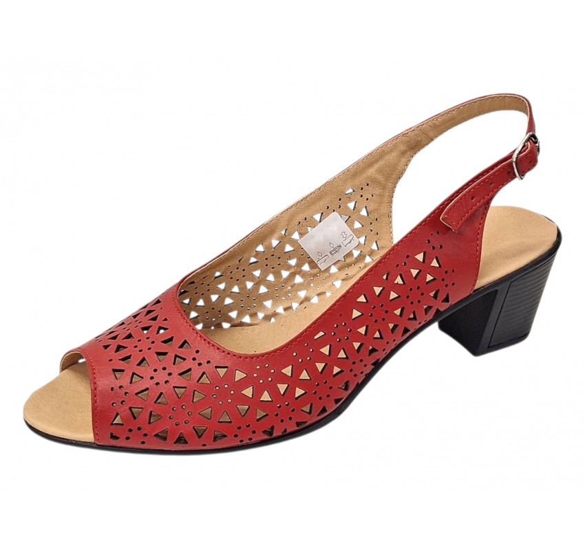 Sandale dama rosii din piele naturala, perforate, cu toc mediu si bareta la spate CP431R
