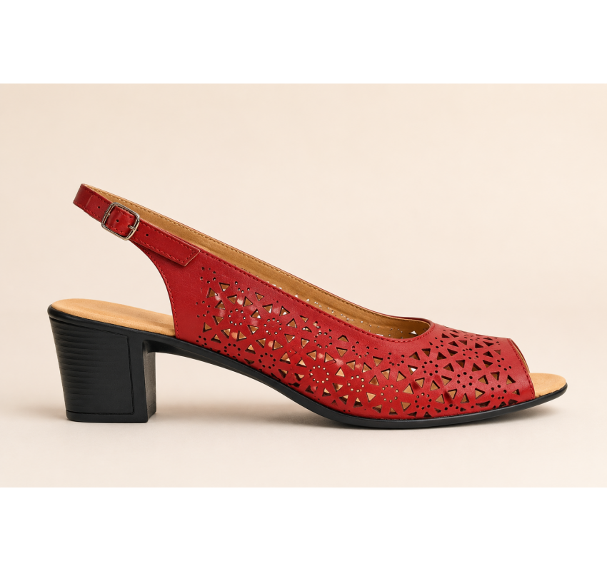 Sandale dama rosii din piele naturala, perforate, cu toc mediu si bareta la spate CP431R