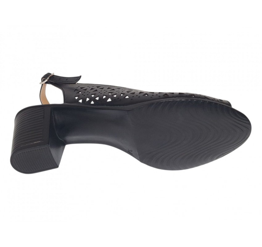 Sandale damă negre din piele naturală perforată cu toc de 6 cm și vârf decupat – CP439NL