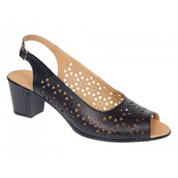 Sandale damă negre din piele naturală perforată cu toc de 6 cm și vârf decupat – CP439NL