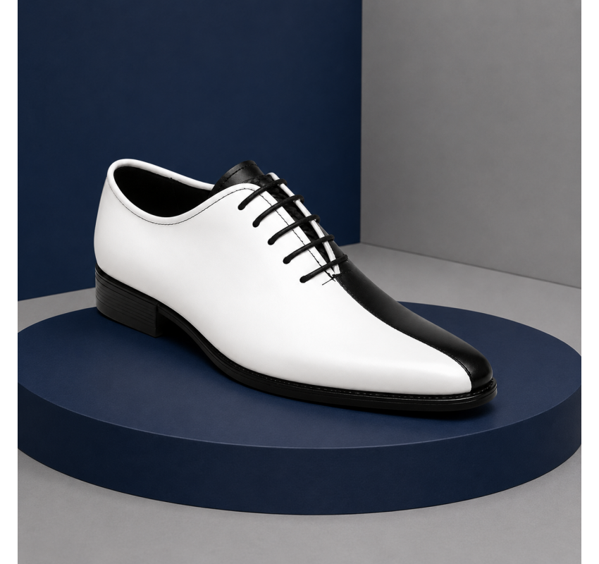 Pantofi Oxford bărbați alb-negru din piele naturală, eleganți de ceremonie – DONATOAN