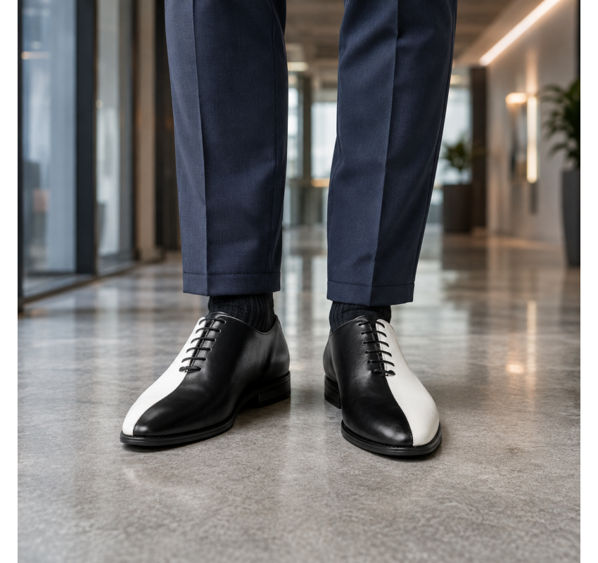 Pantofi Oxford bărbați alb-negru din piele naturală, eleganți de ceremonie – DONATOAN
