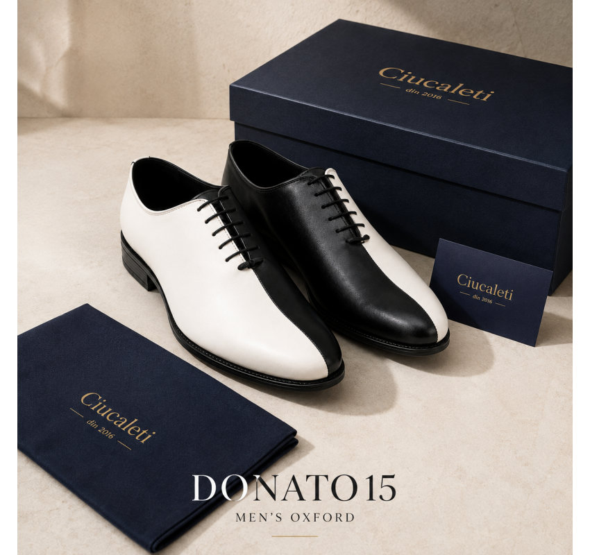 Pantofi Oxford bărbați alb-negru din piele naturală, eleganți de ceremonie – DONATOAN