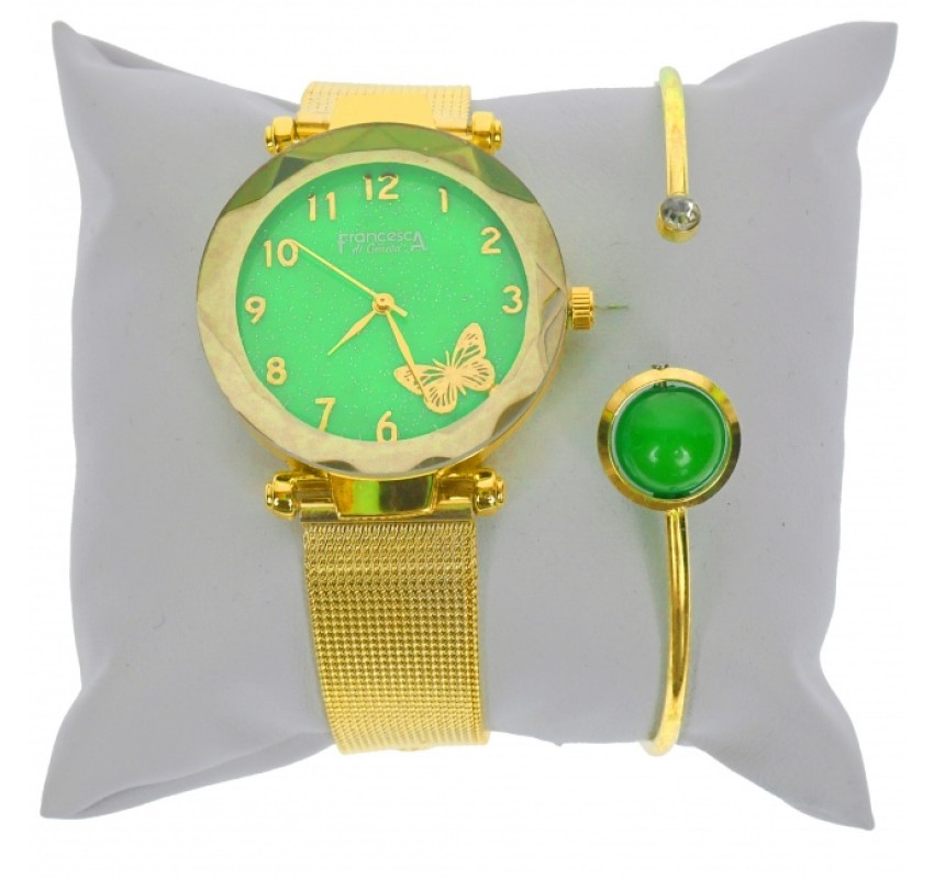 Set ceas dama si bratara, Francesca di Geneva, curea aurie si cadran verde - FR11GV