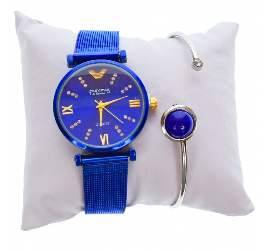 Set ceas dama si bratara, Francesca di Geneva, curea albastra si cadran albastru - FR12AA