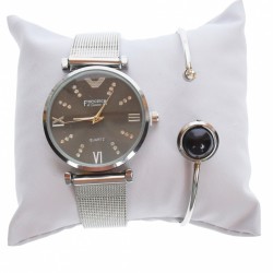 Set ceas dama si bratara, Francesca di Geneva, curea argintie si cadran negru - FR12ARN