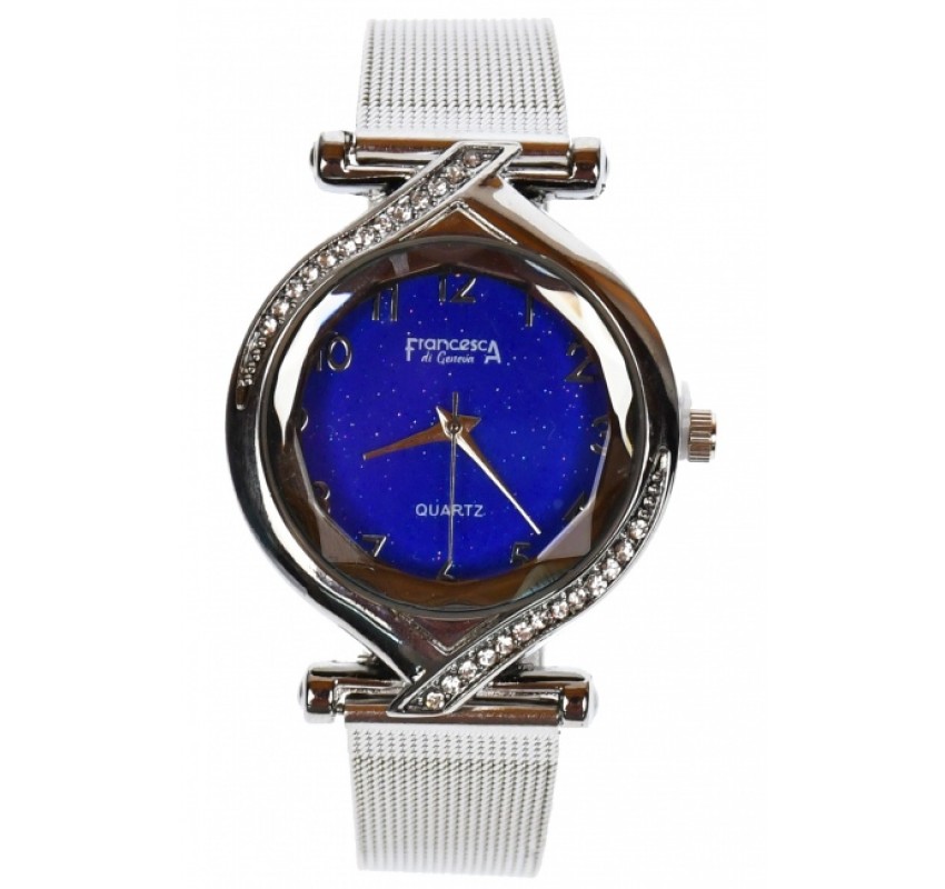 Set ceas dama si bratara, Francesca di Geneva, curea argintie si cadran albastru - FR15ARA