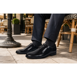 Pantofi barbati negri lac croco – eleganta puternica pentru tinute care impun respect GK150CRN