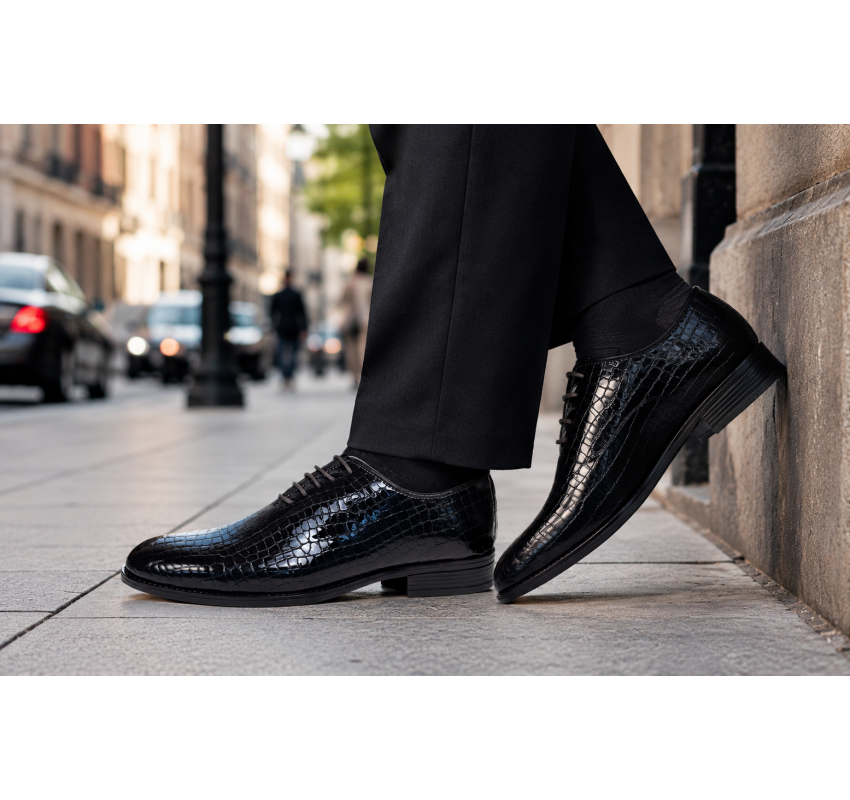 Pantofi barbati negri lac croco – eleganta puternica pentru tinute care impun respect GK150CRN