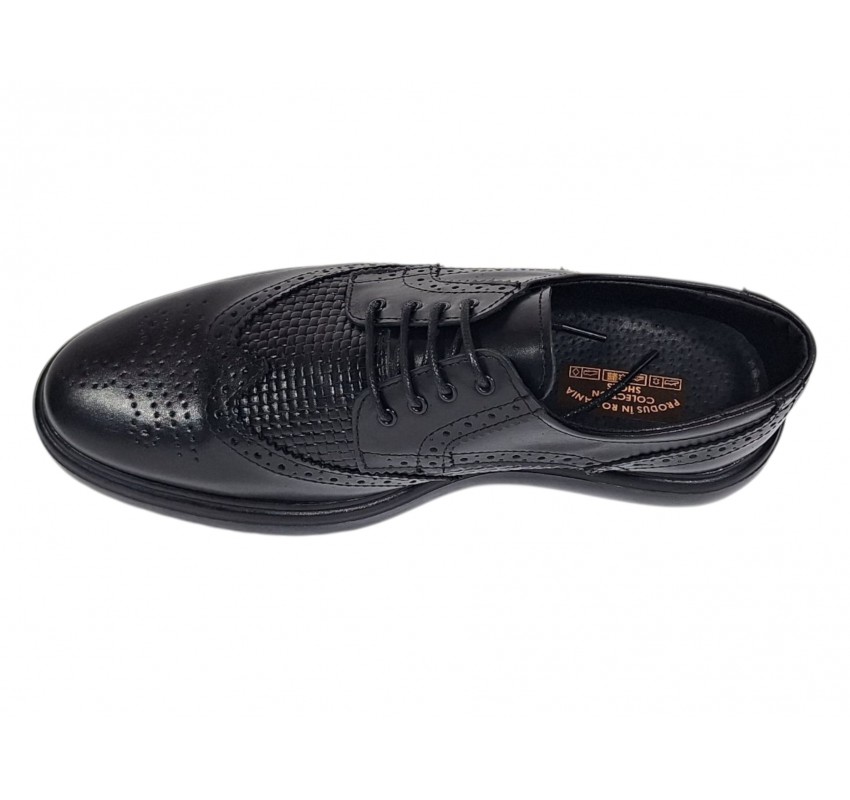 Pantofi bărbați negri din piele naturală, Derby cu perforații decorative GK826TN