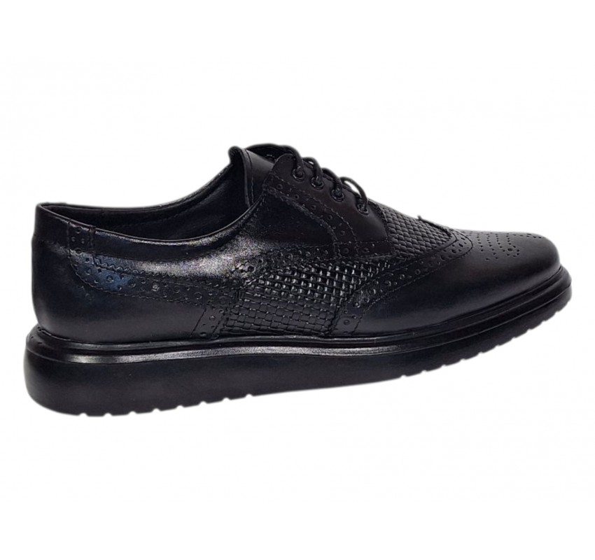 Pantofi bărbați negri din piele naturală, Derby cu perforații decorative GK826TN