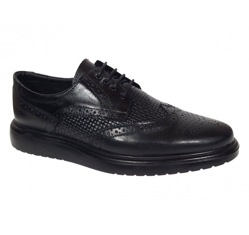 Pantofi bărbați negri din piele naturală, Derby cu perforații decorative GK826TN