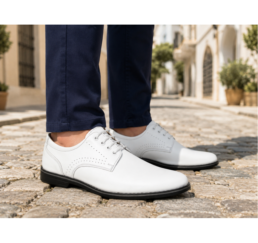 Pantofi Derby bărbați albi din piele naturală, eleganți casual – GKR103AB