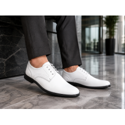 Pantofi Derby bărbați albi din piele naturală, eleganți casual – GKR103AB
