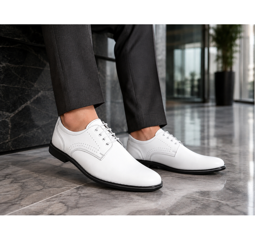 Pantofi Derby bărbați albi din piele naturală, eleganți casual – GKR103AB