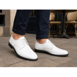 Pantofi Derby bărbați albi din piele naturală, eleganți casual – GKR103AB