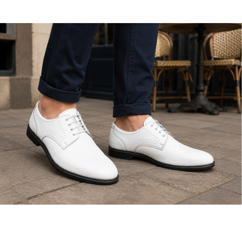 Pantofi Derby bărbați albi din piele naturală, eleganți casual – GKR103AB
