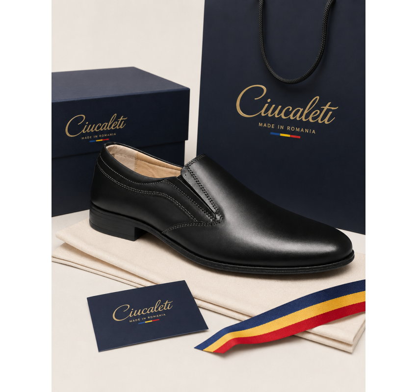 Pantofi barbati negri eleganti din piele naturala fara sireturi - GKR109NN
