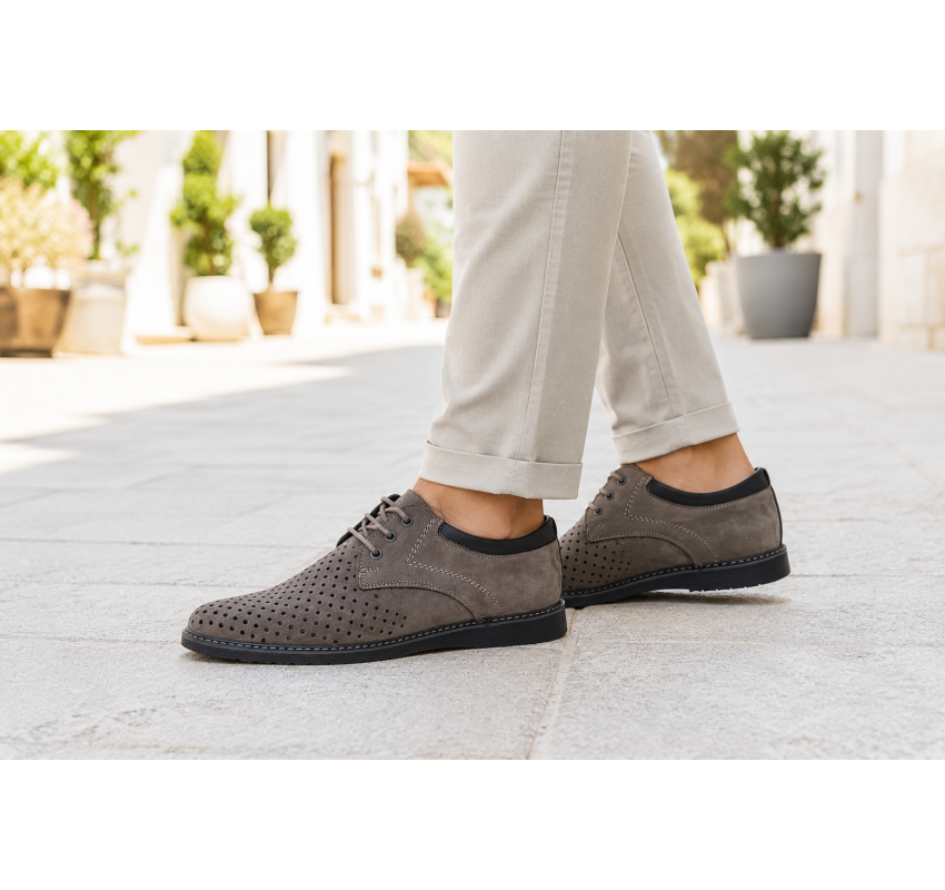 Pantofi barbati perforati din piele naturala - Sport Casual Gri 128GRI