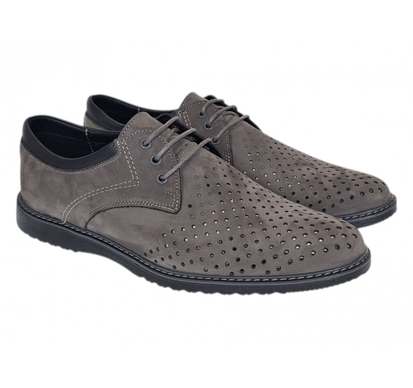 Pantofi barbati perforati din piele naturala - Sport Casual Gri 128GRI