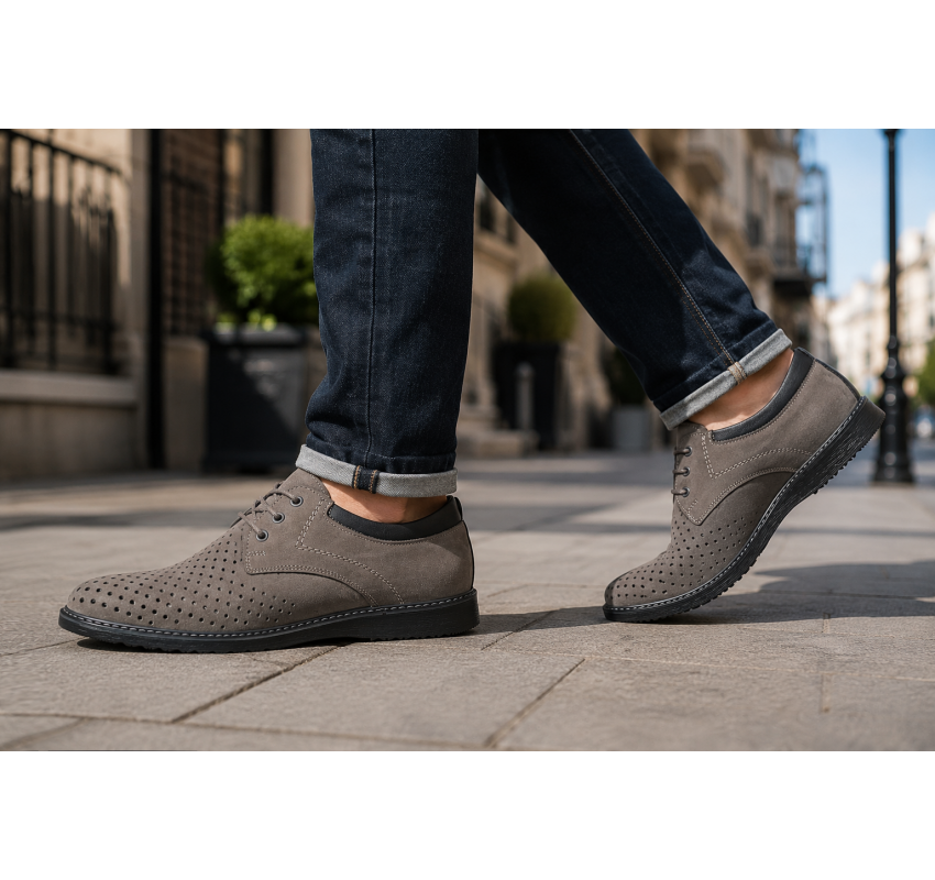 Pantofi barbati perforati din piele naturala - Sport Casual Gri 128GRI
