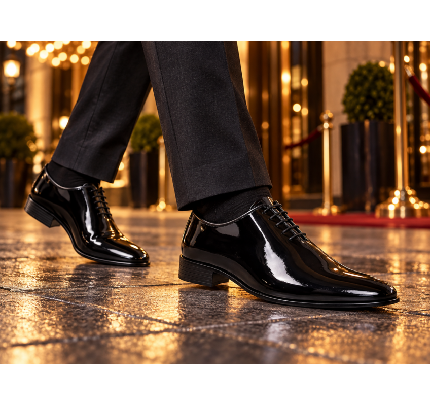 Pantofi bărbați eleganți negri din piele naturală lăcuită GKR201LN