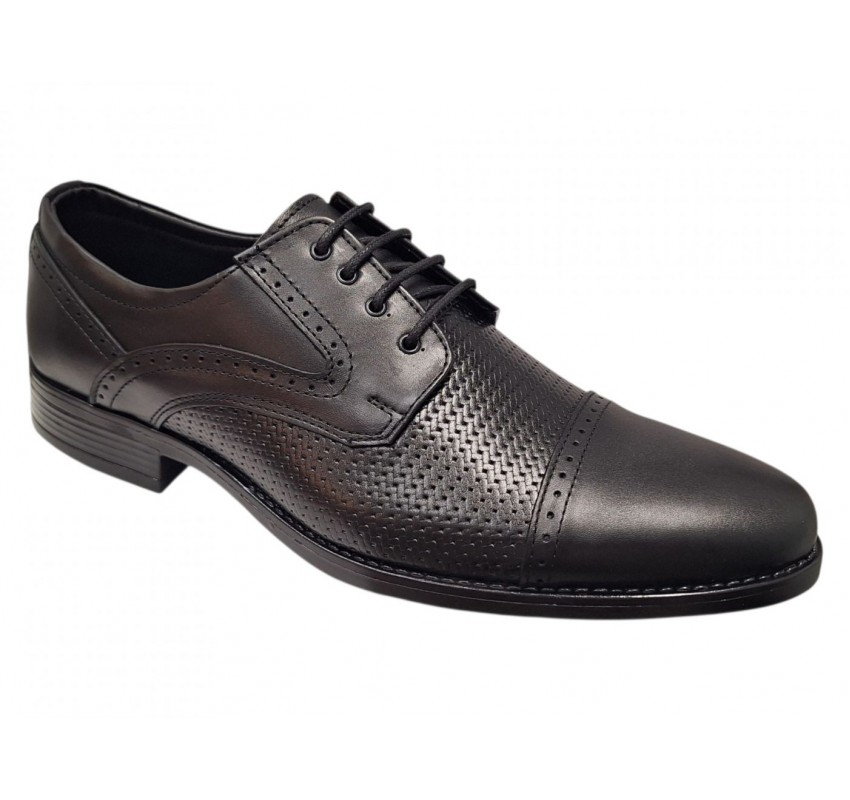 Pantofi bărbați negri din piele naturală, cu șiret și inserții texturate – eleganți și rafinați GKR218N