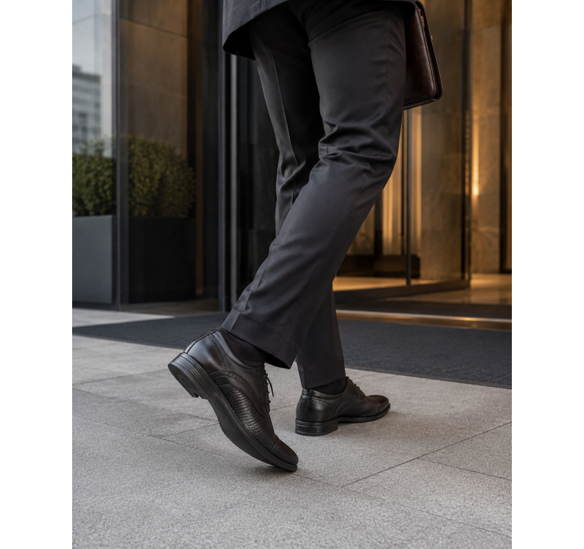Pantofi bărbați negri din piele naturală, cu șiret și inserții texturate – eleganți și rafinați GKR218N