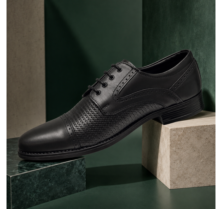 Pantofi bărbați negri din piele naturală, cu șiret și inserții texturate – eleganți și rafinați GKR218N