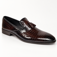 Mocasini barbati eleganti maro inchis din piele naturala matritata lacuita cu ciucuri GKR220MCR