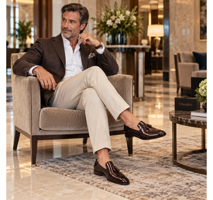 Mocasini barbati eleganti maro inchis din piele naturala matritata lacuita cu ciucuri GKR220MCR